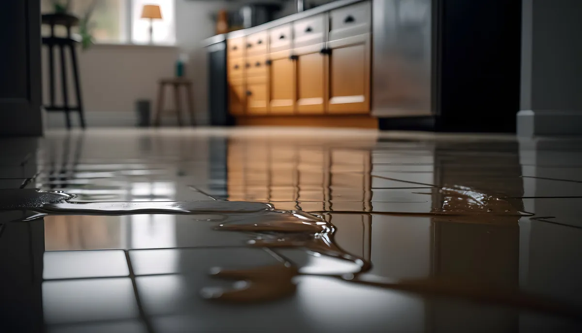 Water spreading across a tile floor from a hidden leak, from our Mission Viejo guide: Mission Viejo Guide to Leak Detection Orange County Residents Call For